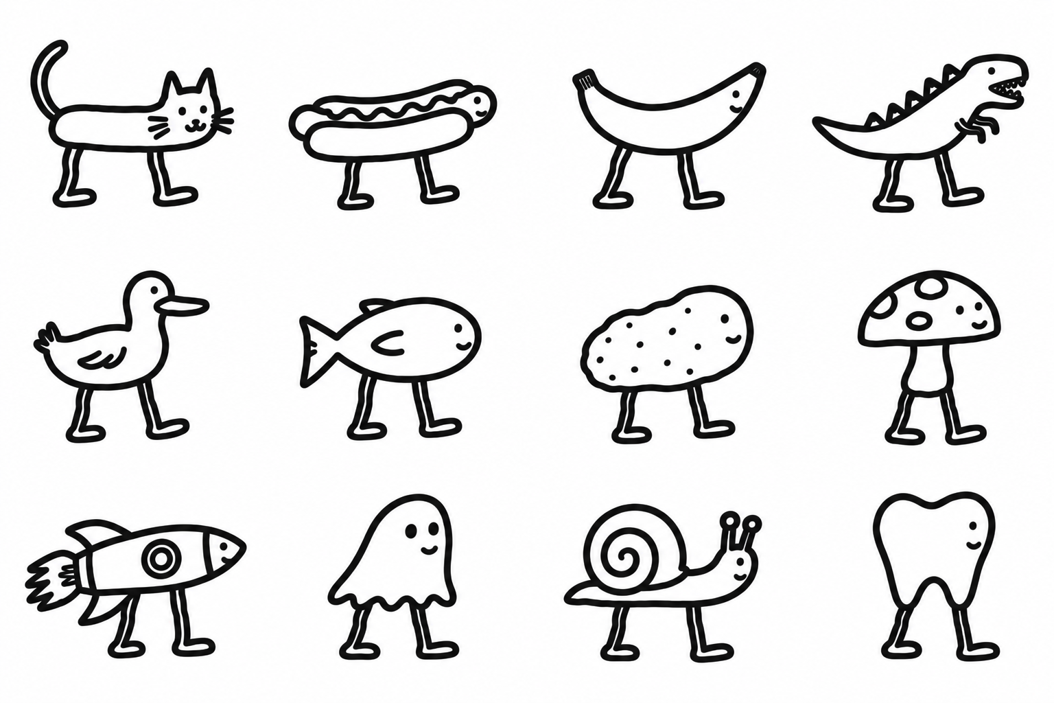 Twelve bold-line doodle racers, from a cat and banana to a rocket and a tooth, all with silly legs